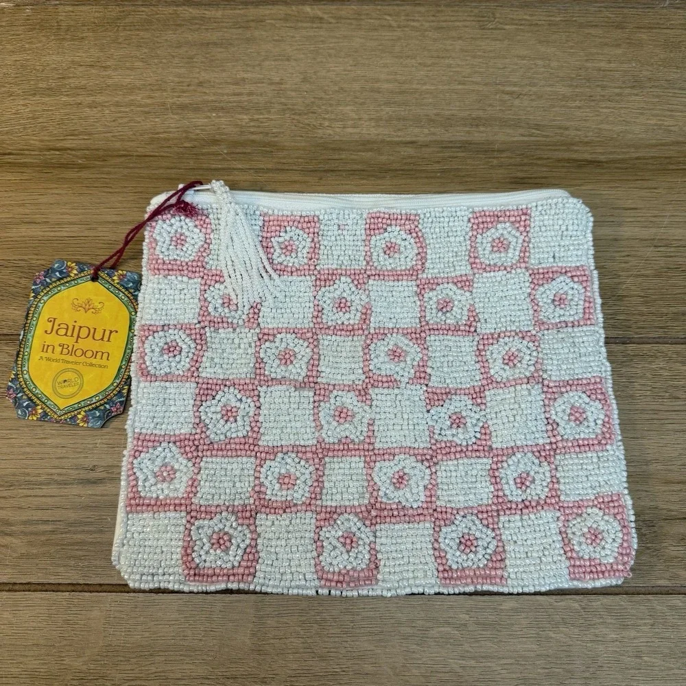NWT Jaipur In Bloom Beaded Pouch Clutch Pink White Floral Checkered Cotton India